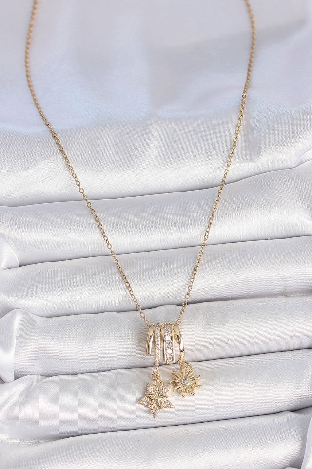 316L Çelik Gold Renk Sallantı Zirkon Taşlı Yıldız Güneş Figür Charm Kadın Kolye