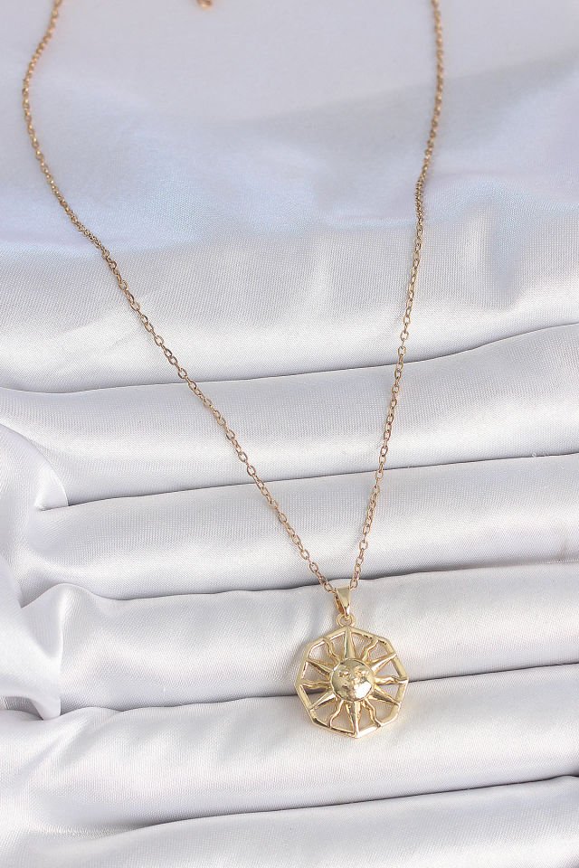 316L Çelik Gold Renk Zincir İşlemeli Güneş Model Kadın Kolye