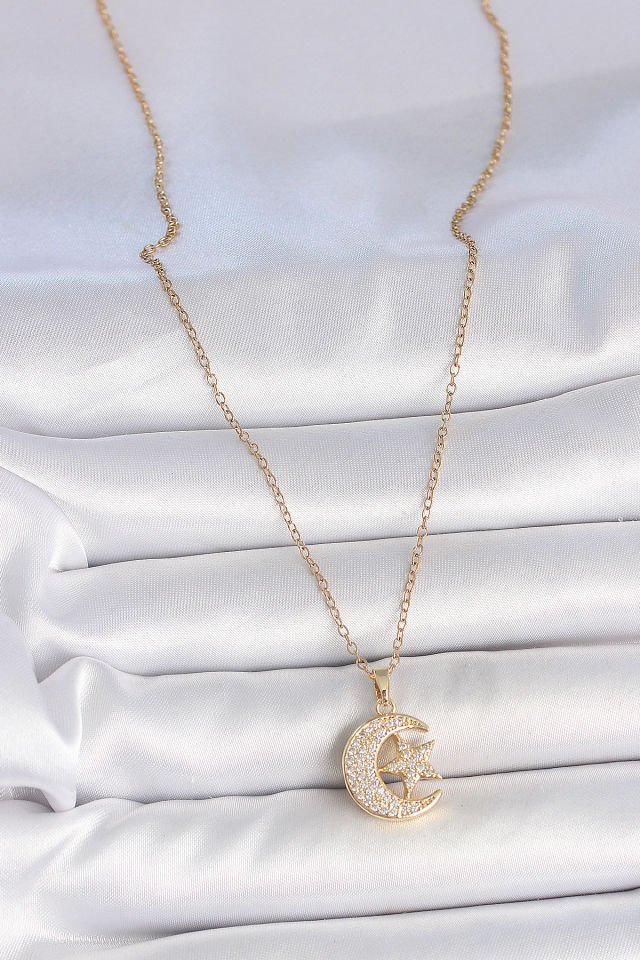 316L Çelik Gold Renk Zincir Zirkon Taşlı Ay Yıldız Model Kadın Kolye