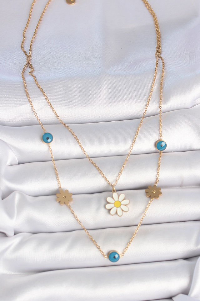 316L Çelik Gold Renk 2'Li Zincir Model Papatya Figür Nazar Boncuk Detay Kadın Kolye