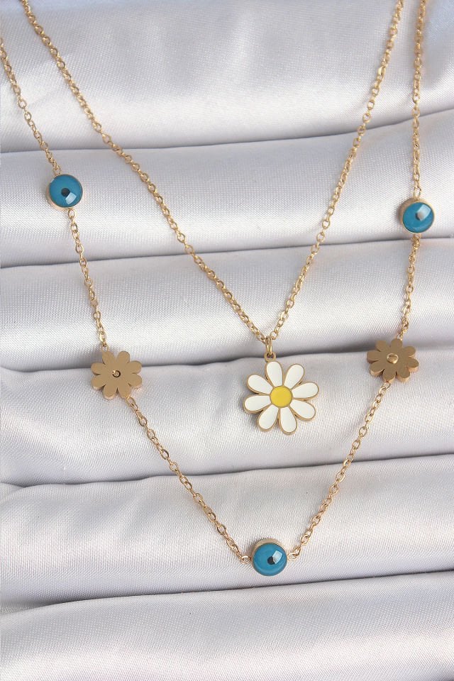 316L Çelik Gold Renk 2'Li Zincir Model Papatya Figür Nazar Boncuk Detay Kadın Kolye