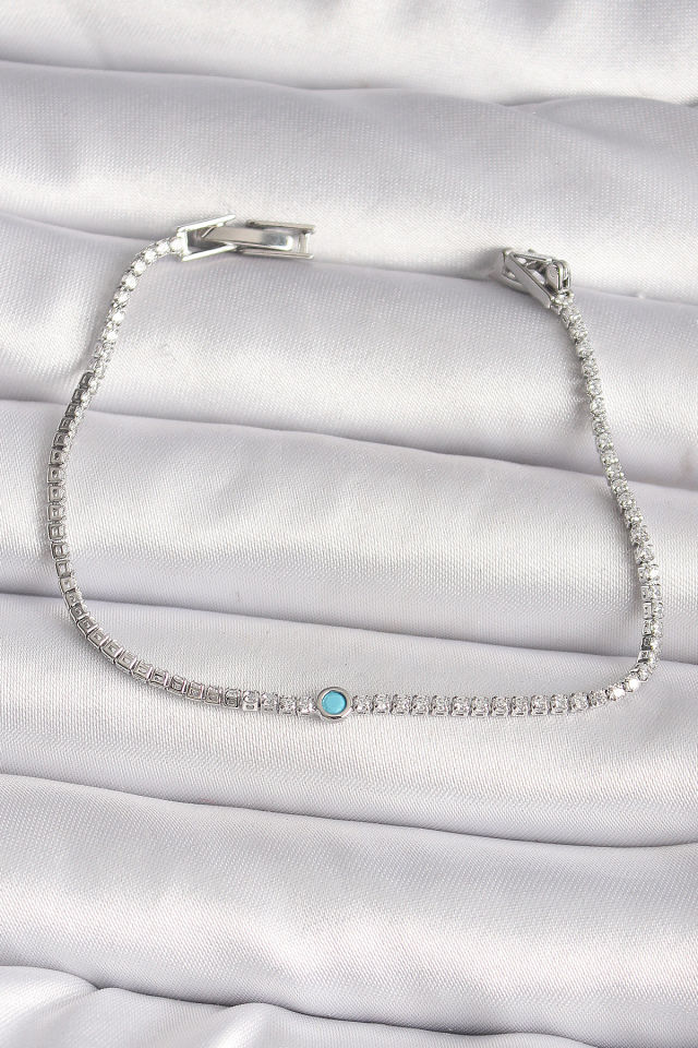 Pirinç Gümüş Renk Su Yolu Zirkon Taşlı Mavi Taşlı Kadın Bileklik