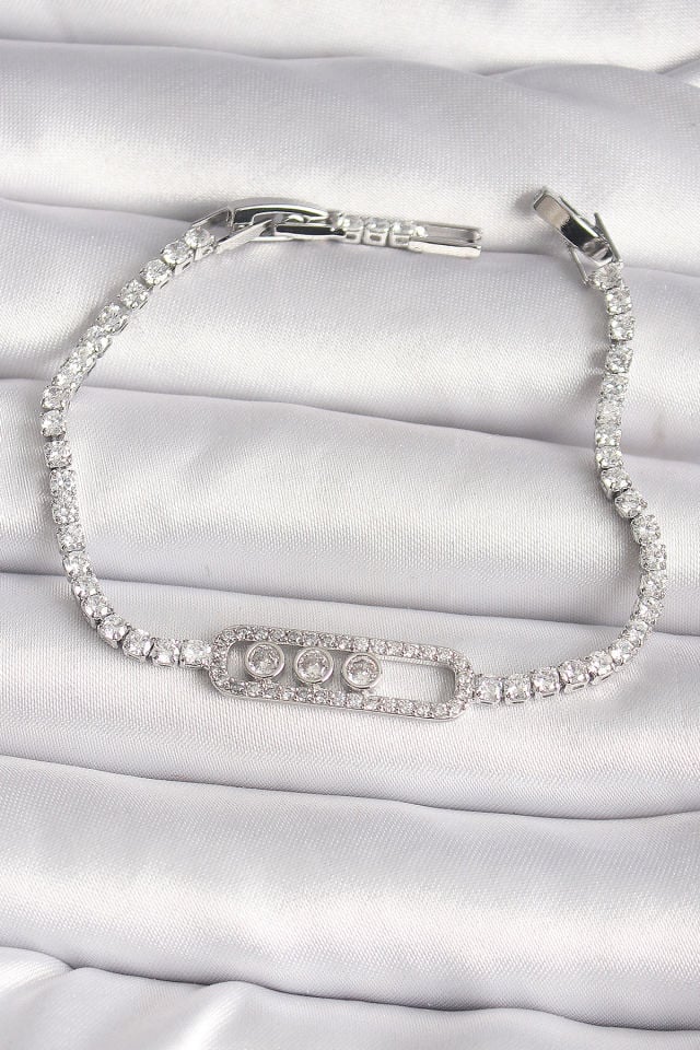 Pirinç Gümüş Renk Su Yolu Zirkon Taşlı Messika Model Kadın Bileklik