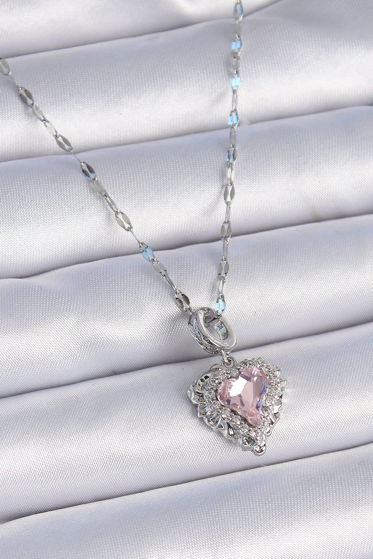 Kadın Gümüş Kalp Kolye – Zirkon Taşlı 316L Çelik Zincir