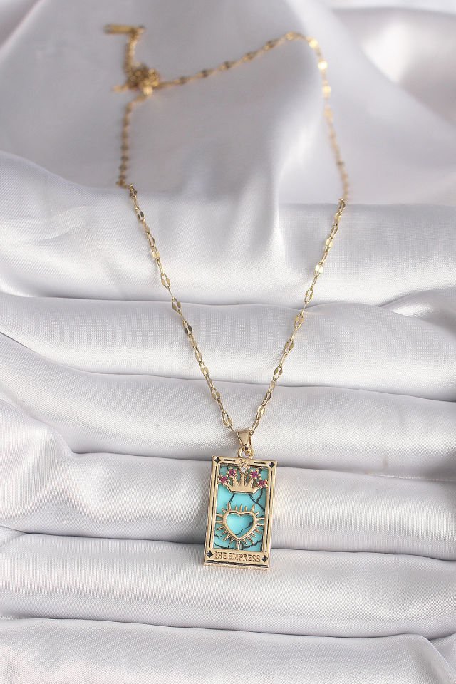 316L Gold Renk Pembe Zirkon Taşlı Taç Kalp Portre Model Kadın Kolye