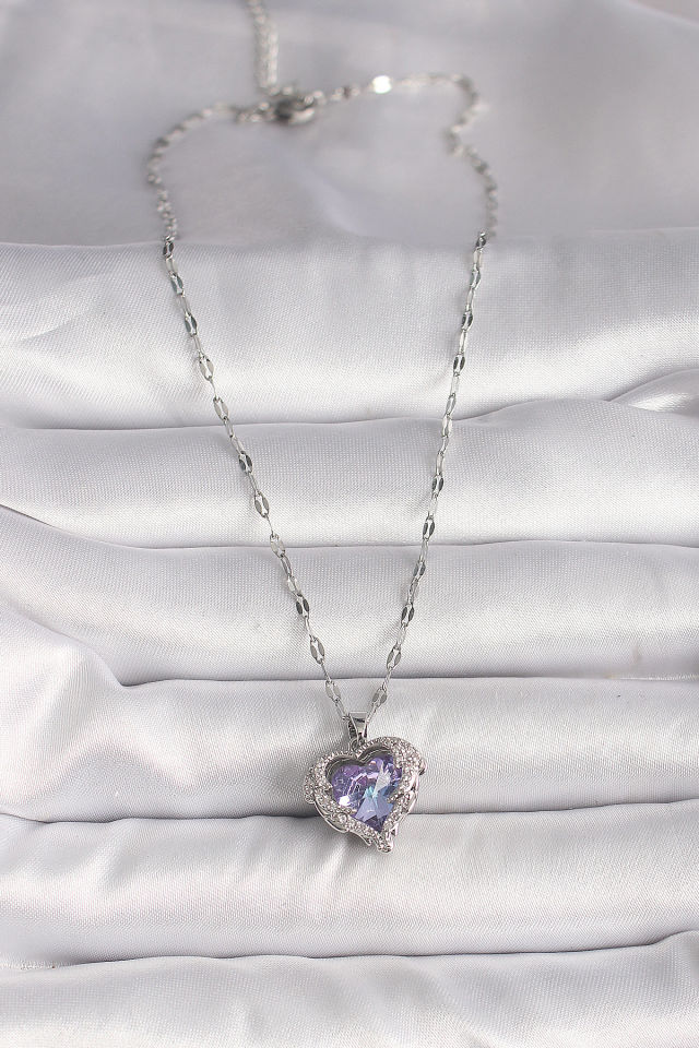 316L Çelik Gümüş Renk Zirkon Taşlı Mor Kalp Model Kadın Kolye