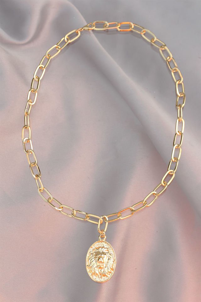 Aslan Figürlü Gold Metal Zincirli Kadın Kolye