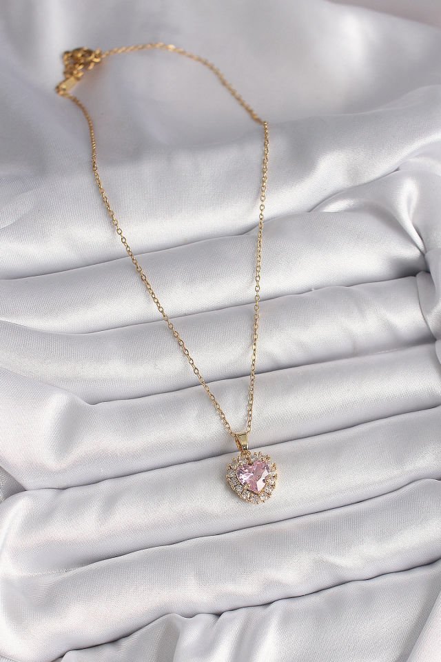 316L Çelik Gold Renk Zincir Pembe Zirkon Taşlı Kalp Model Kadın Kolye