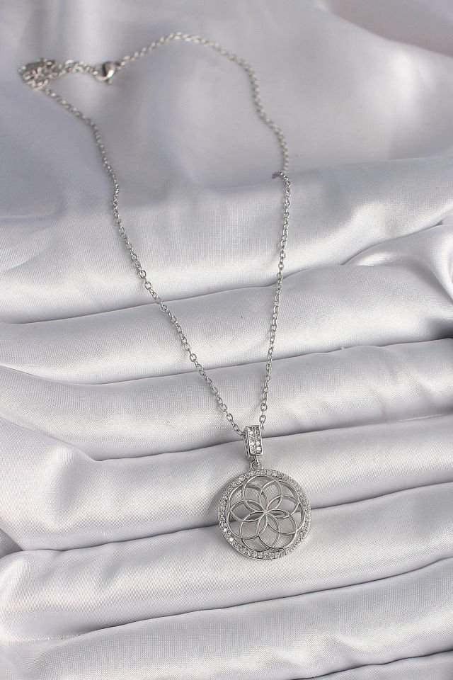 316L Çelik Gümüş Renk Zincir Zirkon Taşlı Lotus Model Kadın Kolye