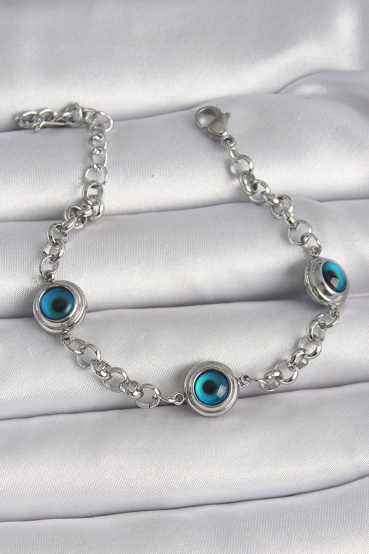 316L Çelik Gümüş Renk Zincir Model Nazar Boncuklu Kadın Bileklik