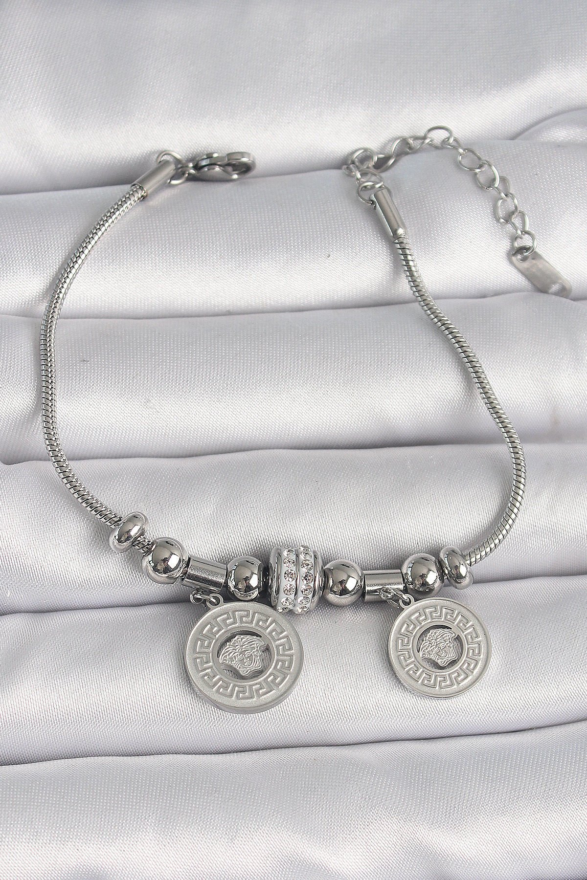 316L Çelik Gümüş Renk Tüp Zincir Madalyon Model Zirkon Taş Detaylı Kadın Bileklik