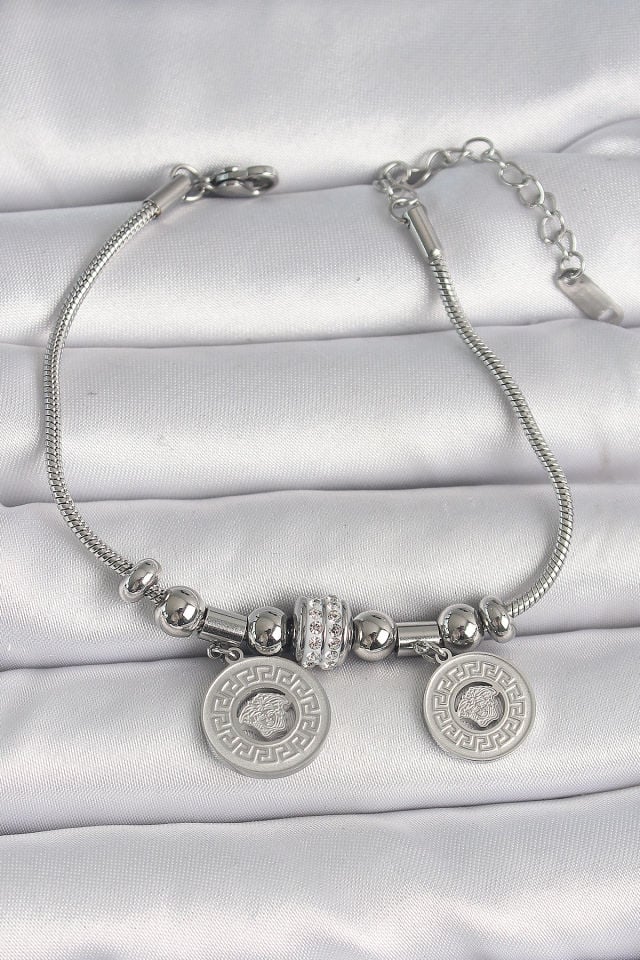 316L Çelik Gümüş Renk Tüp Zincir Madalyon Model Zirkon Taş Detaylı Kadın Bileklik