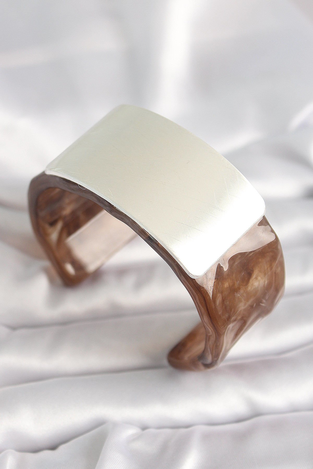 Kahverengi Mermer Desen Akrilik Plastik Gümüş Dikdörtgen Plaka Vintage Kadın Bilezik