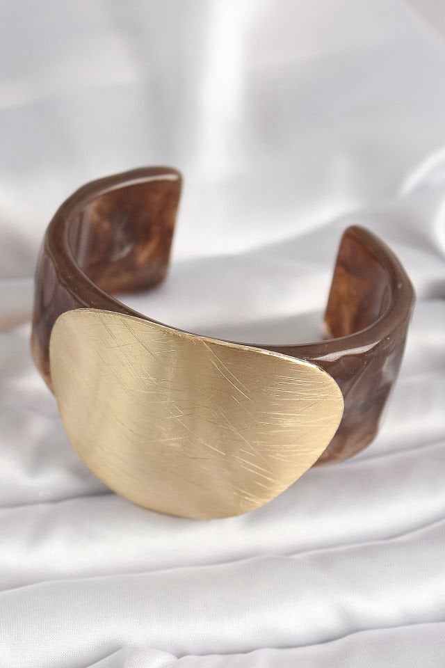 Kahverengi Mermer Desen Akrilik Plastik Gold Daire Plaka Model Vintage Kadın Bilezik