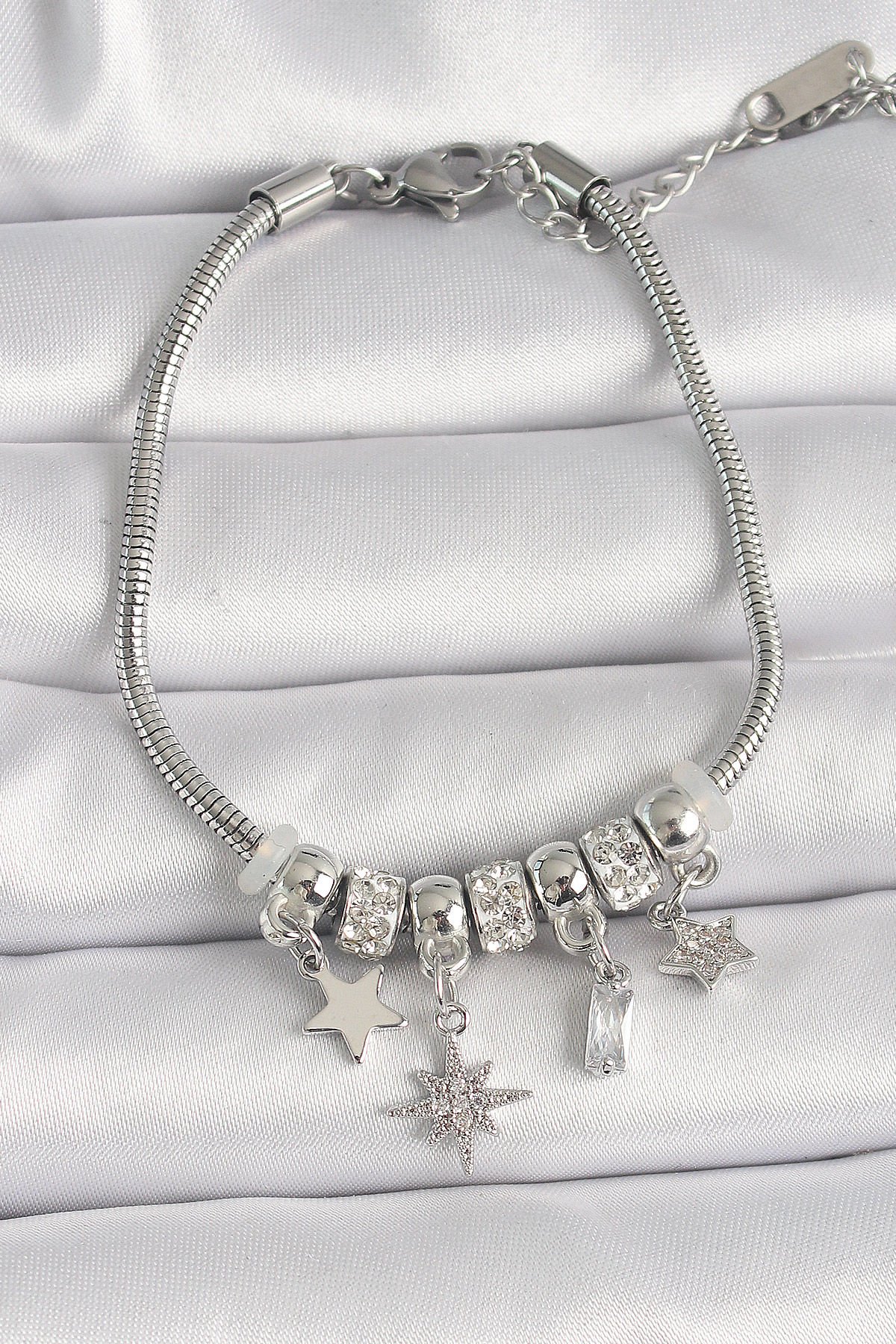 Pirinç Gümüş Renk Zincir Sallantı Zirkon Taşlı Yıldız Model Kadın Bileklik