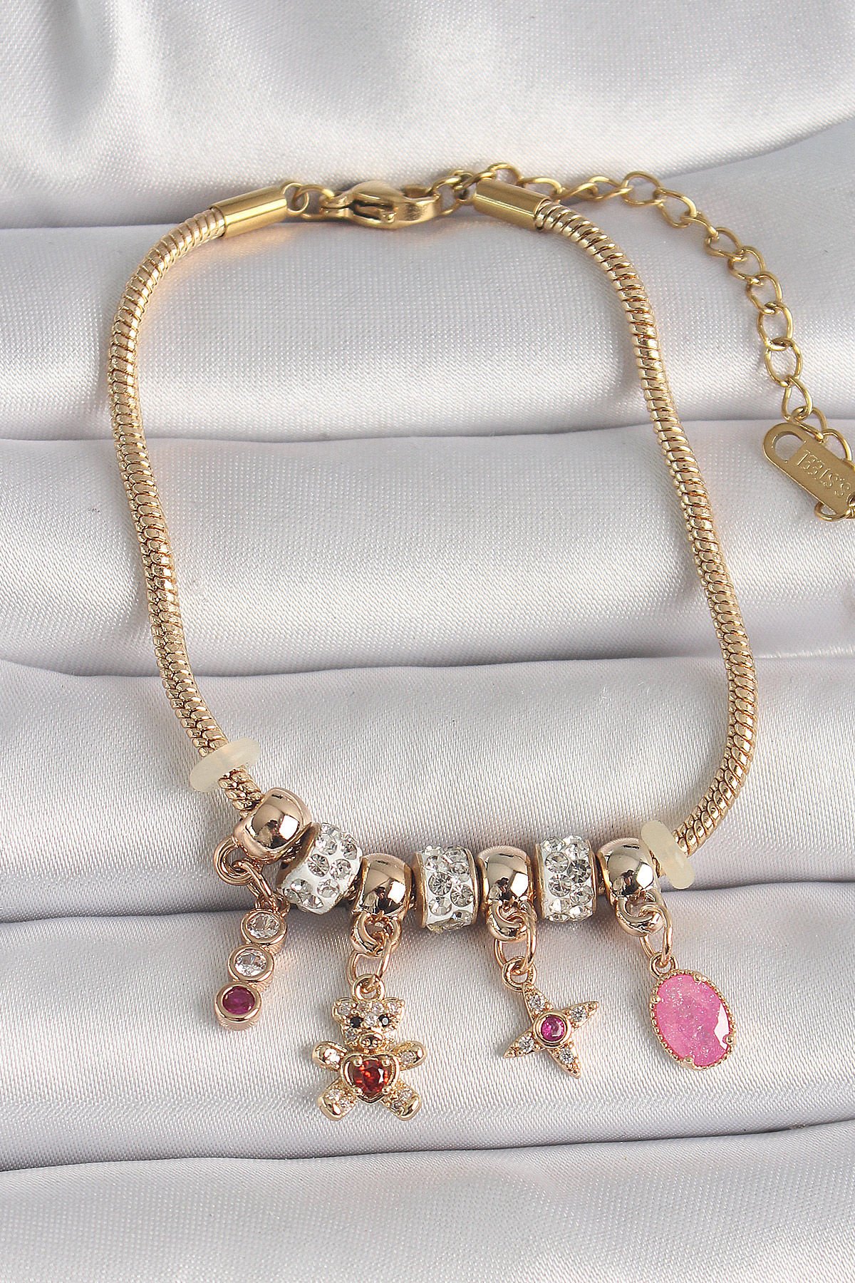 Pirinç Gold Renk Zincir Sallantı Zirkon Taşlı Ayıcık Figür Yıldız Detay Kadın Bileklik