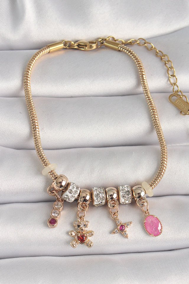 Pirinç Gold Renk Zincir Sallantı Zirkon Taşlı Ayıcık Figür Yıldız Detay Kadın Bileklik