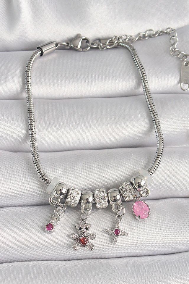 Pirinç Gümüş Renk Zincir Sallantı Zirkon Taşlı Ayıcık Figür Yıldız Detay Kadın Bileklik