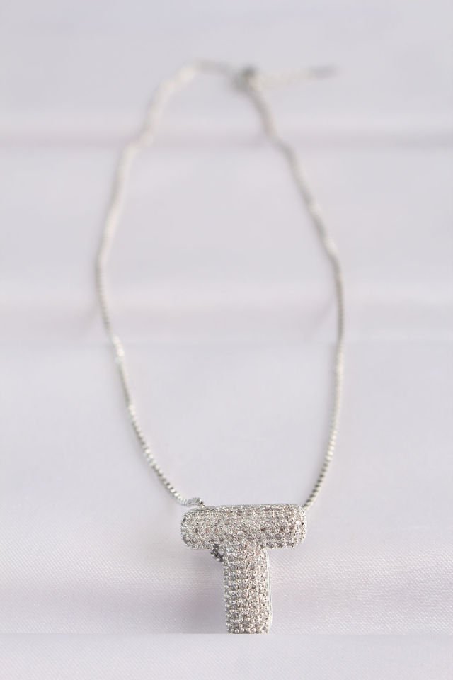 316L Çelik Zincirli Zirkon Taşlı T Harfli Silver Renk Bubble Kolye