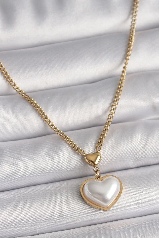 316L Çelik Gold Renk Zincir 3D İnci Kalp Model Kadın Kolye