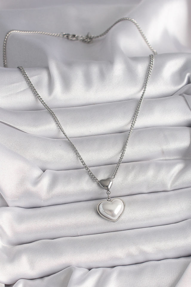 316L Çelik Gümüş Renk Zincir 3D Kalp Model Kadın Kolye