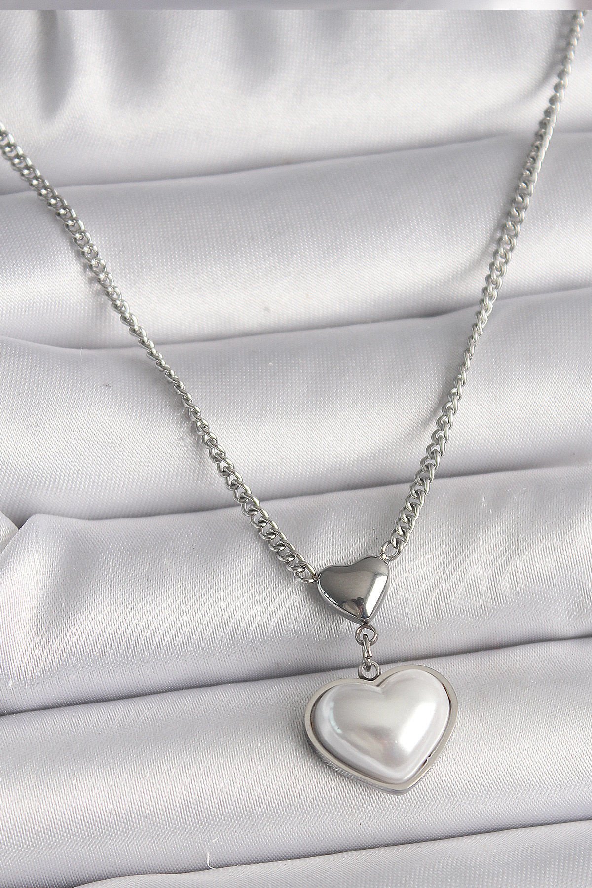 316L Çelik Gümüş Renk Zincir 3D Kalp Model Kadın Kolye