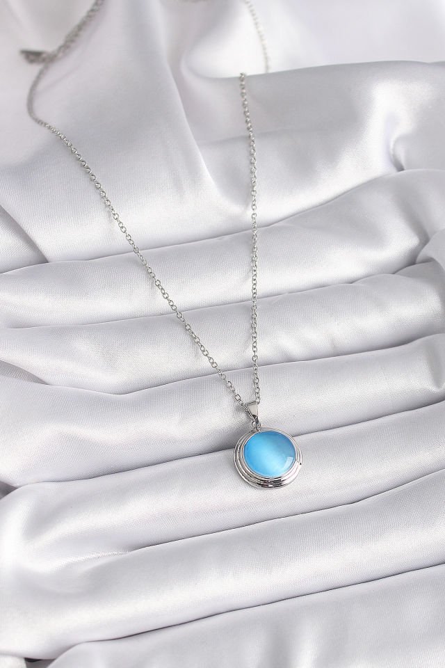 Gümüş Mavi Sedefli Daire Kolye