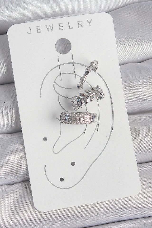 Pirinç Gümüş Renk Zirkon Taşlı 3'Lü Model Yaprak Figür Kadın Kıkırdak Küpe