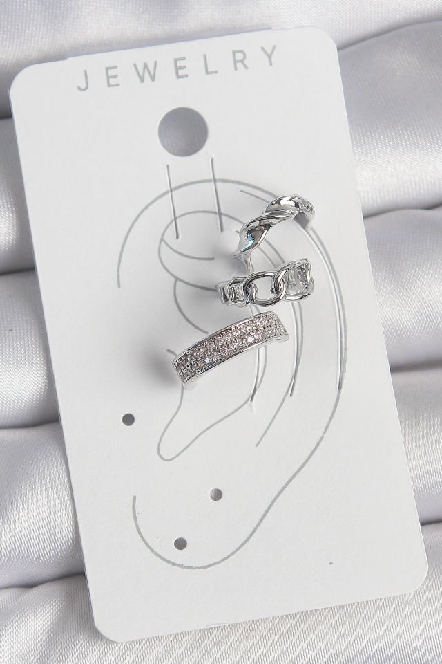 Pirinç Gümüş Renk Zirkon Taşlı 3'Lü Zincir Sarmal Model Kadın Kıkırdak Küpe