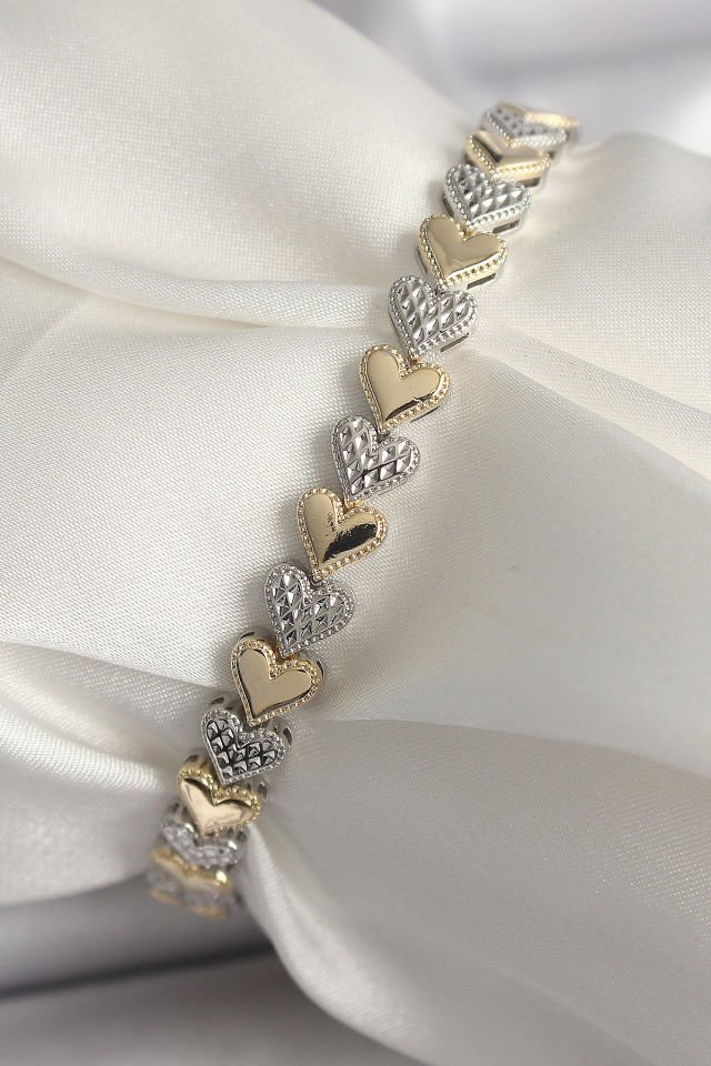 Pirinç Mix Renk Zirkon Taşlı Kalp Model VIP Seri Kadın Bileklik