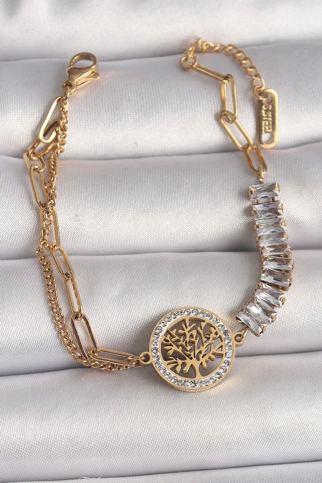 316L Çelik Gold Renk 2'Li Zincir Su Yolu Zirkon Taşlı Yaşam Ağacı Figür Kadın Bileklik