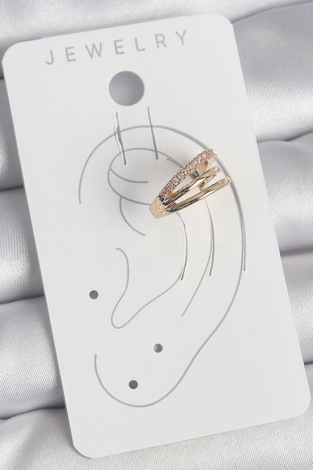 Pirinç Gold Renk Zirkon Taşlı 3'Lü Sıralı Model Kadın Kıkırdak Küpe