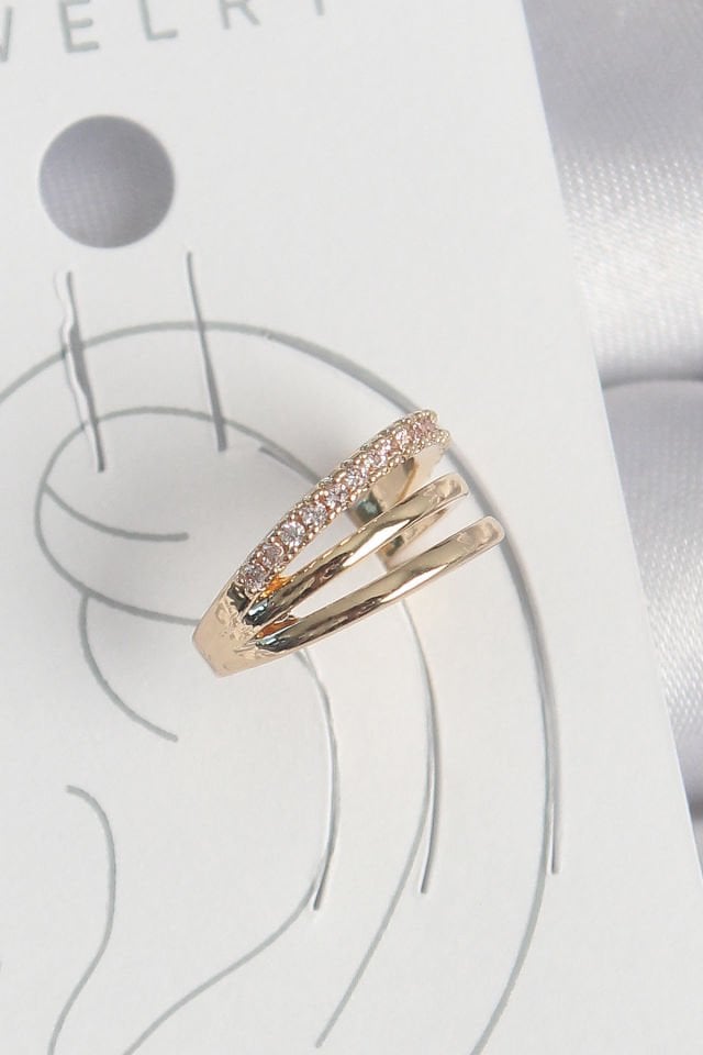 Pirinç Gold Renk Zirkon Taşlı 3'Lü Sıralı Model Kadın Kıkırdak Küpe