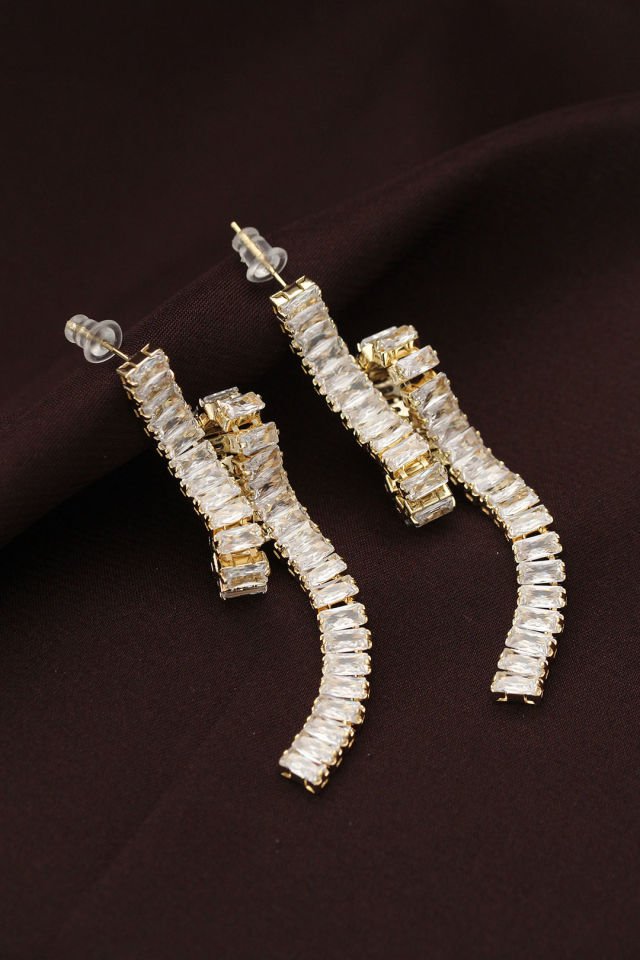 Çelik Altın Renk Baget Taşlı Sarmal Detaylı Sallantılı Küpe