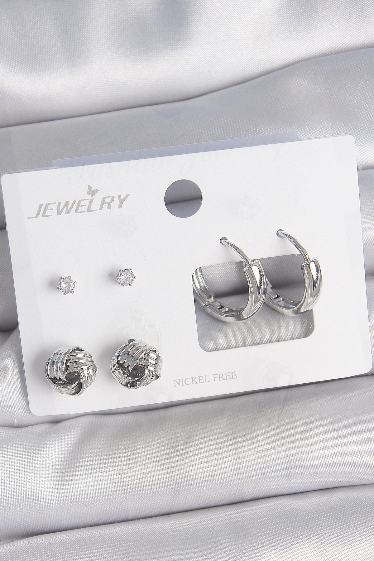 Pirinç Gümüş Renk Zirkon Taşlı Halka Model 3 Çift Kadın Küpe Seti