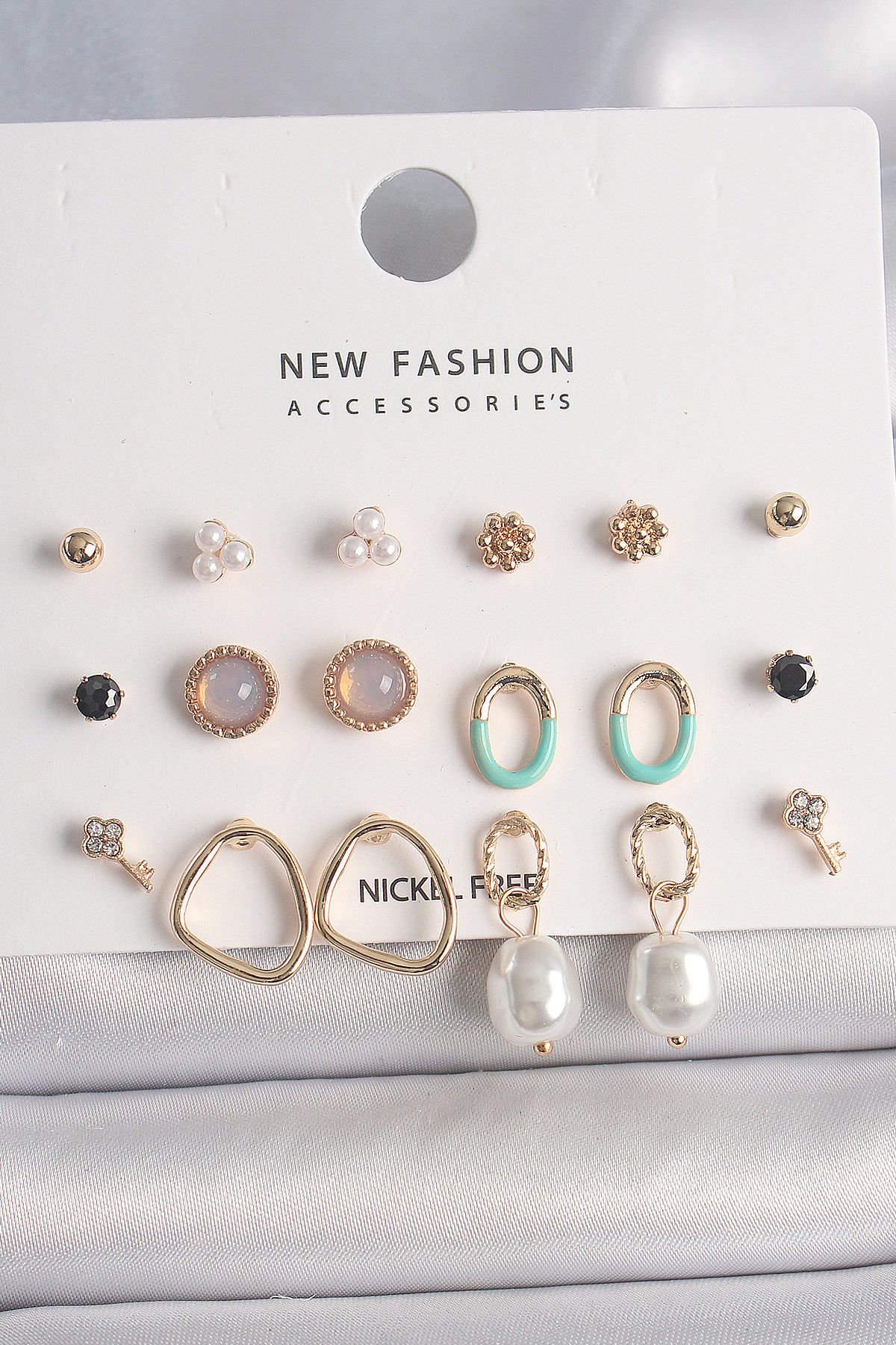 Pirinç Gold Renk İncili Halka Model 9 Çift Kadın Küpe Seti