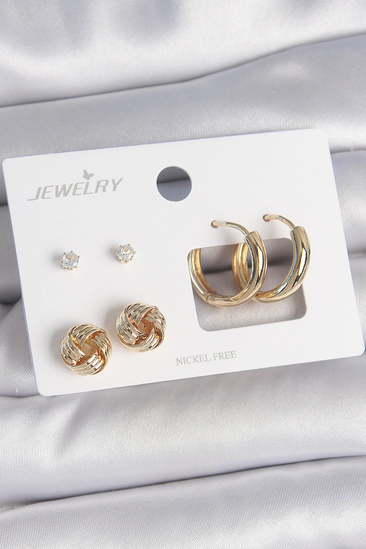 Pirinç Gold Renk Zirkon Taşlı Halka Model Burgu Detay 3 Çift Kadın Küpe Seti