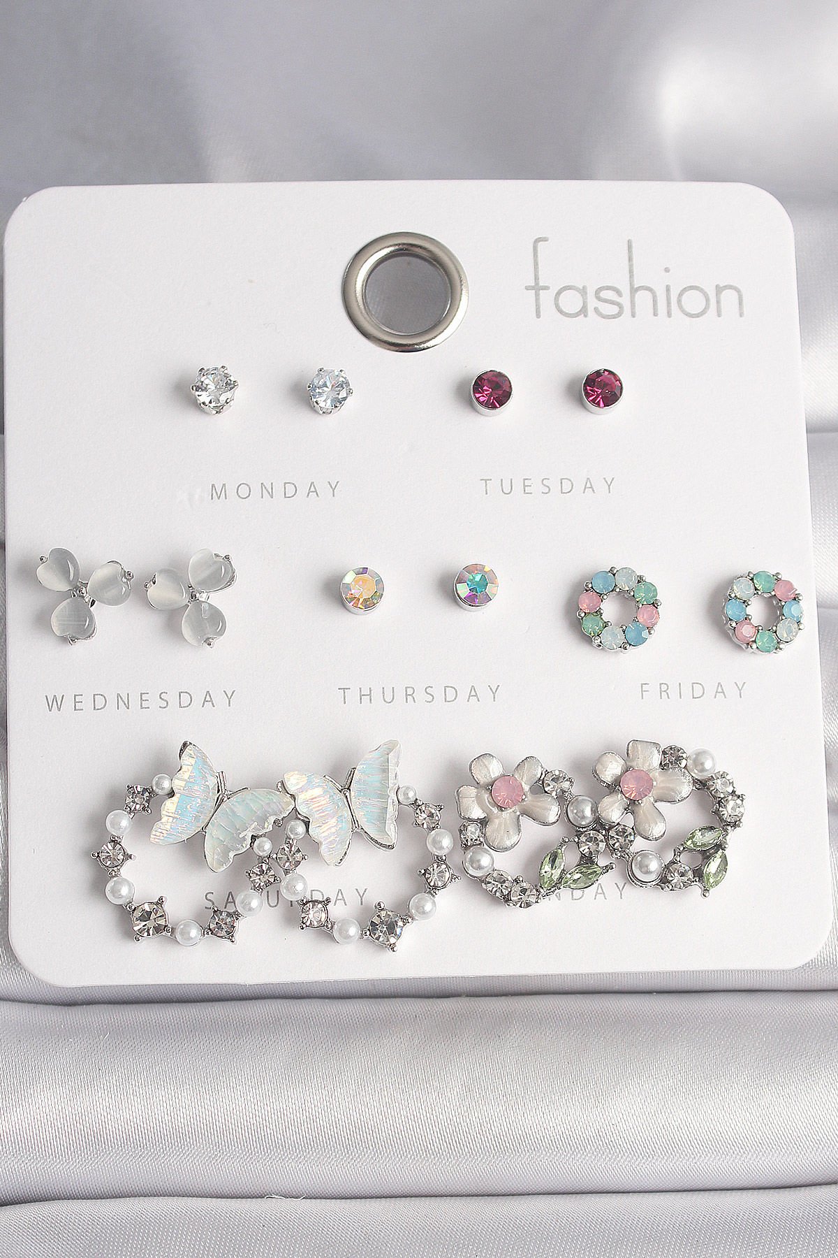 Pirinç Gümüş Renk Renkli Zirkon Taşlı Halka Mavi Sedefli Kelebek Figür Çiçek Detay 7 Çift Kadın Küpe Seti