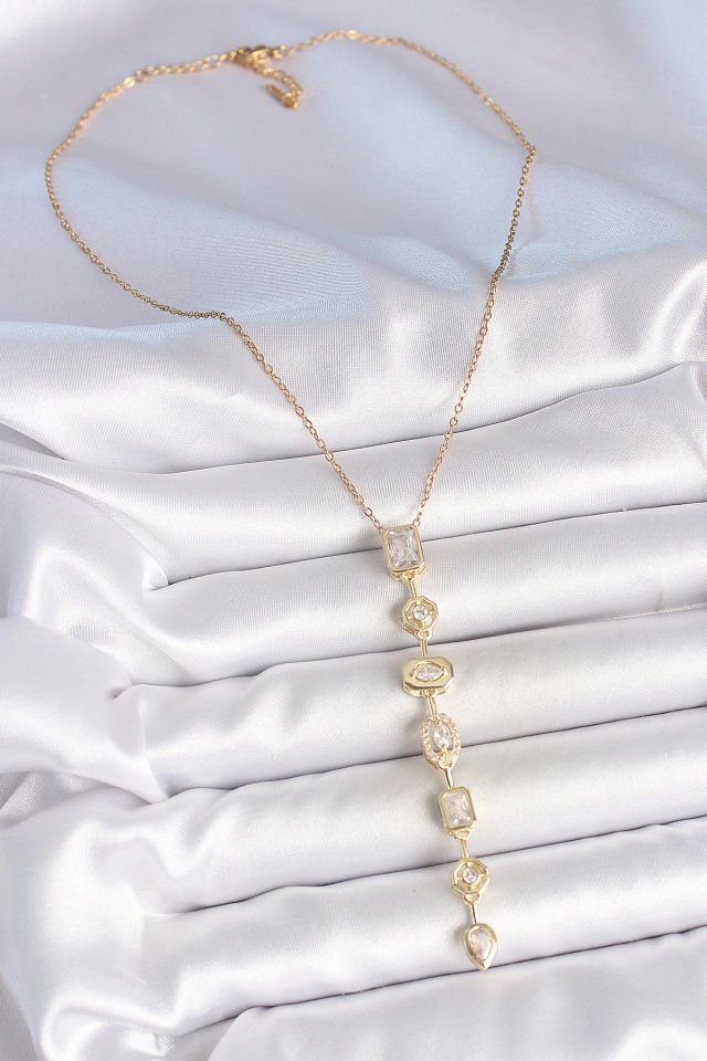 316L Çelik Zincir Gold Renk Zirkon Taşlı Y Kolye