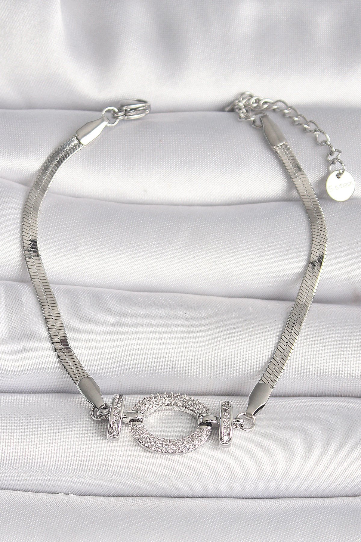 316L Çelik Gümüş Renk İtalyan Zincir Model Zirkon Taşlı Halka Figür Kadın Bileklik