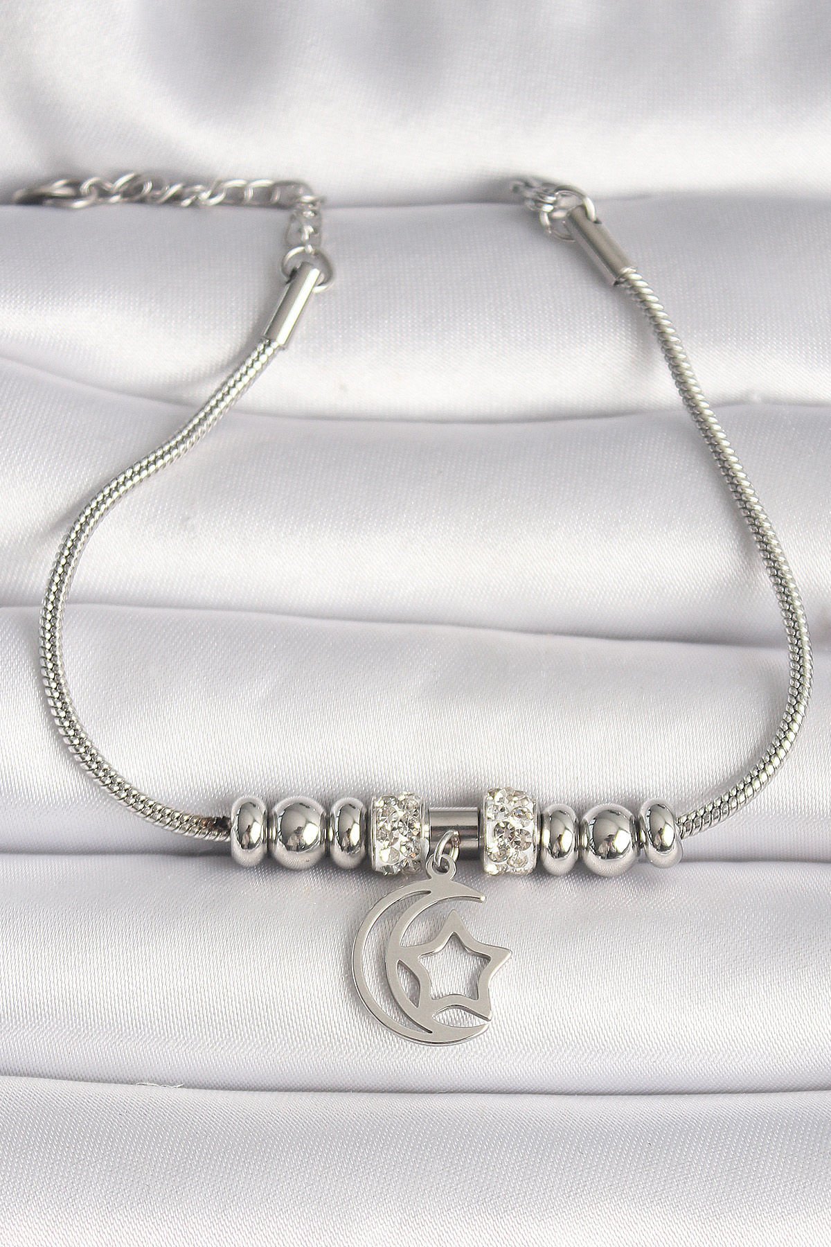 316L Çelik Gümüş Renk Tüp Zincir Zirkon Taş Detaylı Sallantı Ay Yıldız Figür Kadın Bileklik
