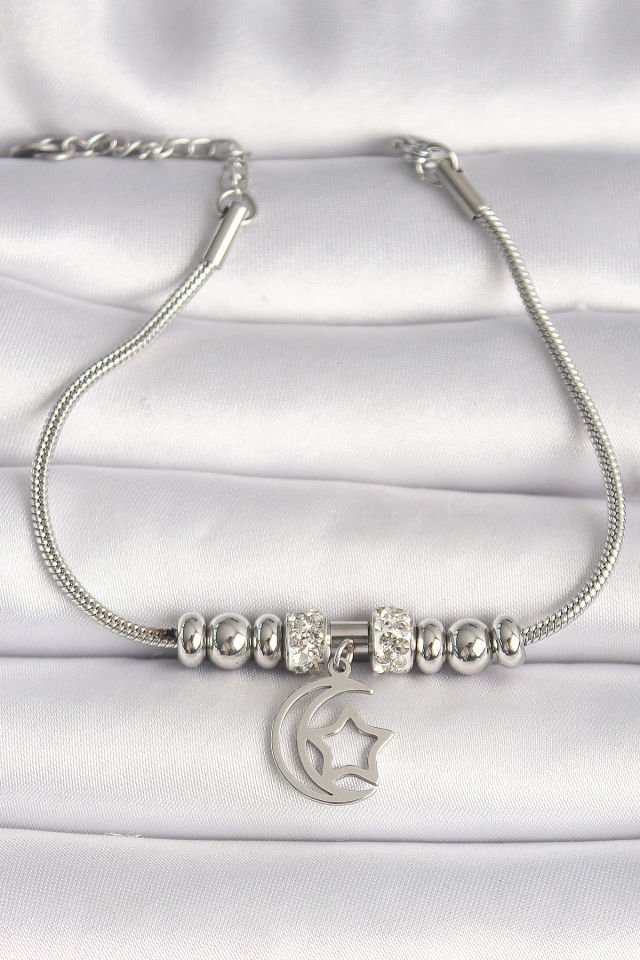 316L Çelik Gümüş Renk Tüp Zincir Zirkon Taş Detaylı Sallantı Ay Yıldız Figür Kadın Bileklik