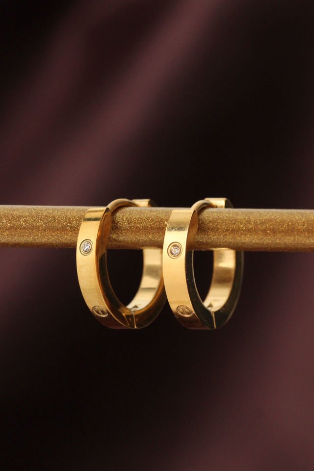 Çelik Gold Renk Zirkon Taş Detay Halka Küpe