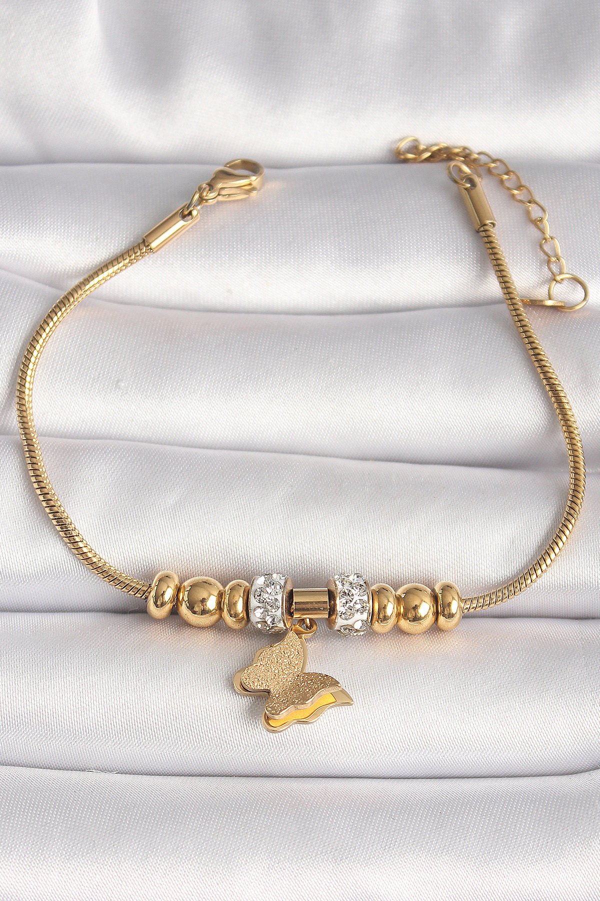 316L Çelik Gold Renk Tüplü Zincir Zirkon Taş Detaylı Sallantı Simli Kelebek Figür Kadın Bileklik