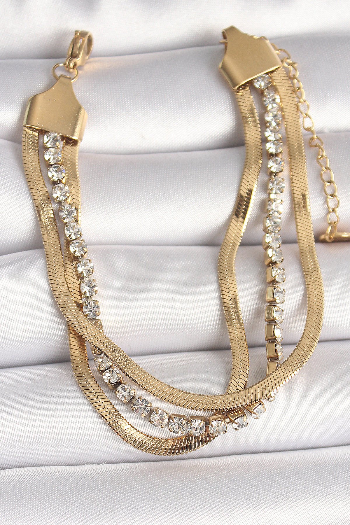 316L Çelik Gold Renk 2'Li İtalyan Zincir Model Zirkon Taşlı Kadın Bileklik