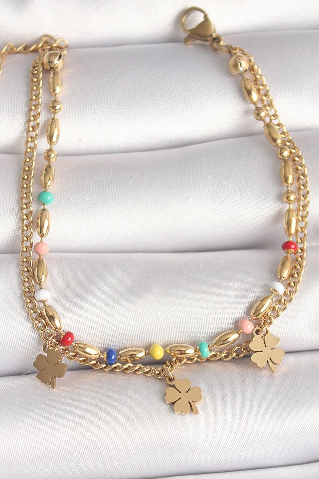 316L Çelik Gold Renk 2'Li Zincir Model Sallantı Yonca Figür Kadın Bileklik