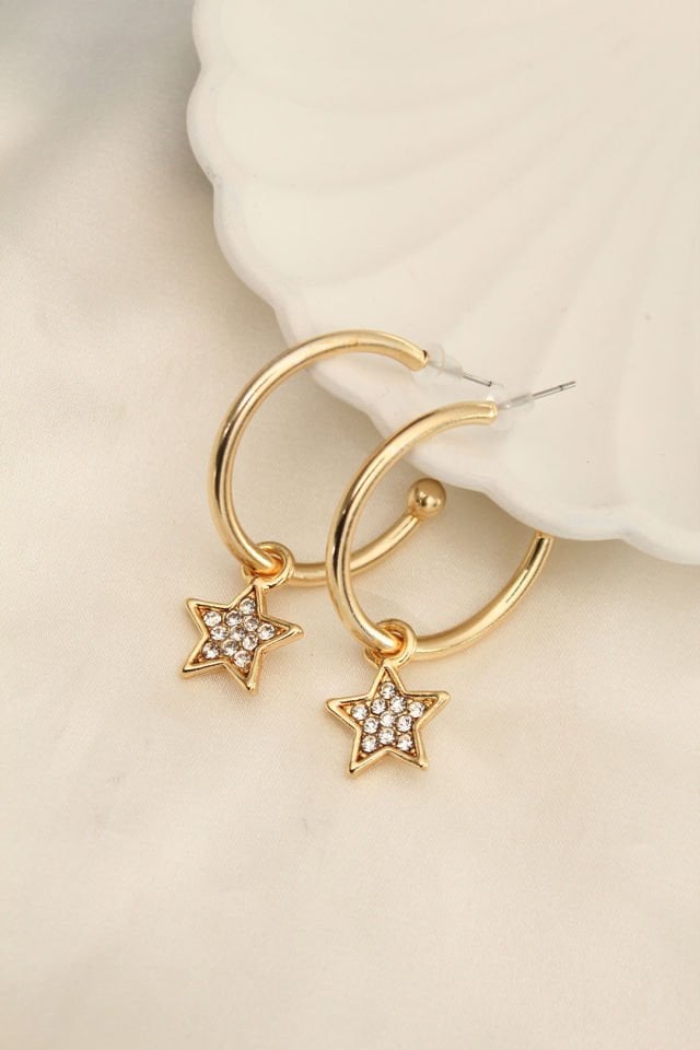 Gold Renk Zirkon Taşlı Yıldız Figürlü Halka Küpe