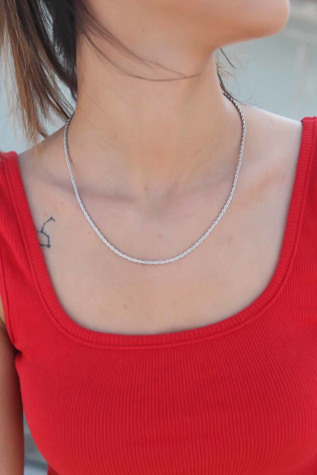 İnce Burgu Zincir Gümüş Renk Çelik Kadın Kolye