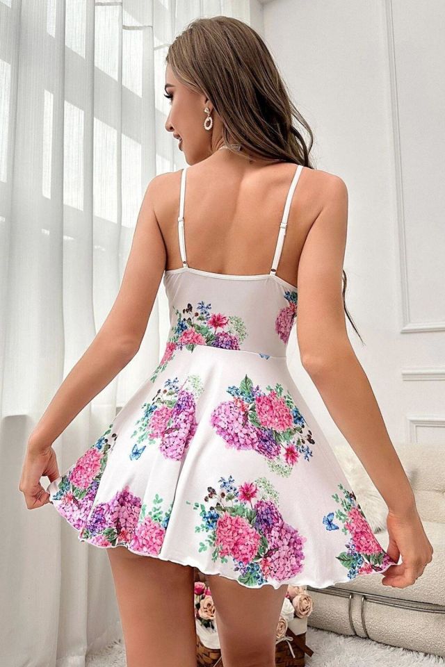 Bella Notte Beyaz Pırıltı Çiçekli Askılı Mini Gecelik 15626