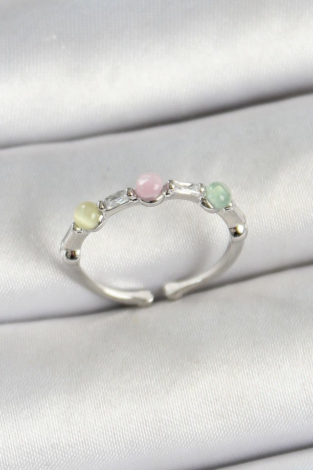 Pirinç Sıralı Boncuk Figürlü Zirkon Taşlı Gümüş Renk Ayarlanabilir Kadın Yüzük